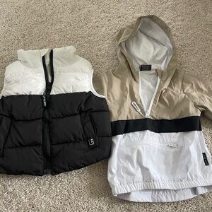 Little Bipsu Black and White Puffer Vest and Beige Hooded Windbreaker